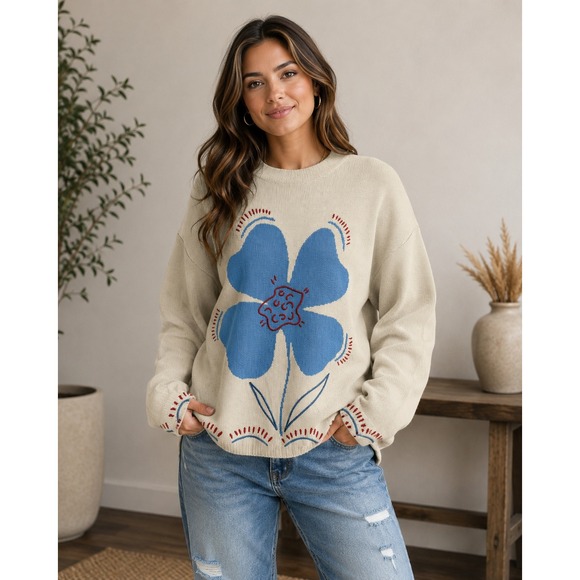 ASOS DESIGN Sweaters - ASOS DESIGN Cream Blue Flower Intarsia Cotton Knit Sweater Small Oversized Mock